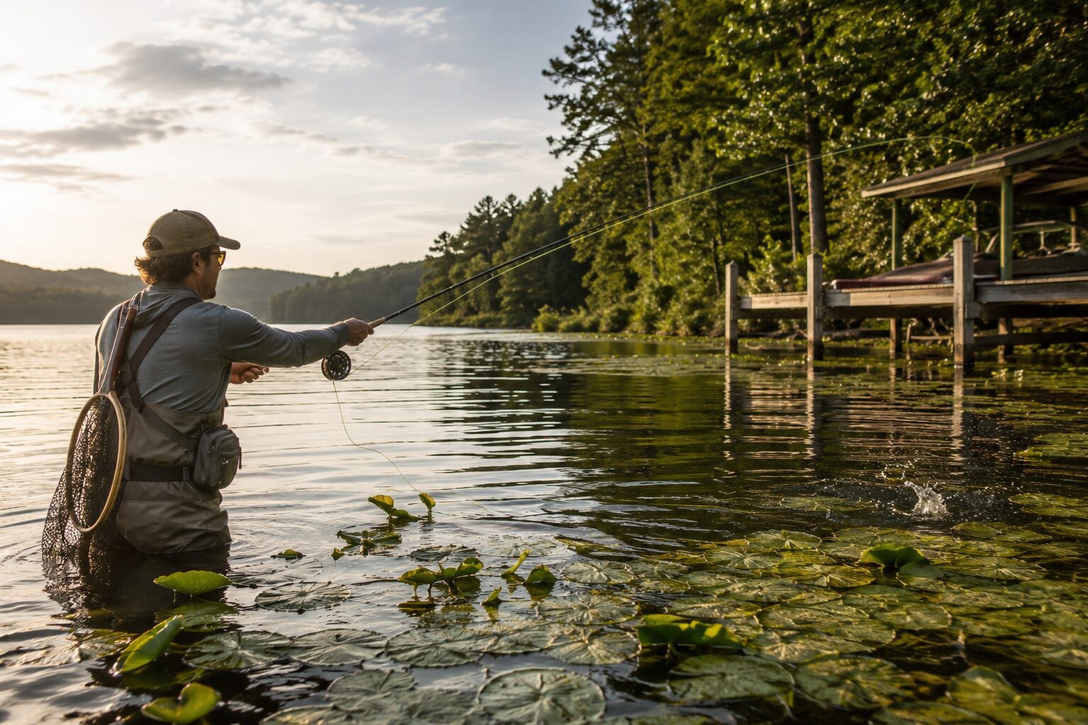 Fly angler casting a popper toward lily pads and a dock at evening light