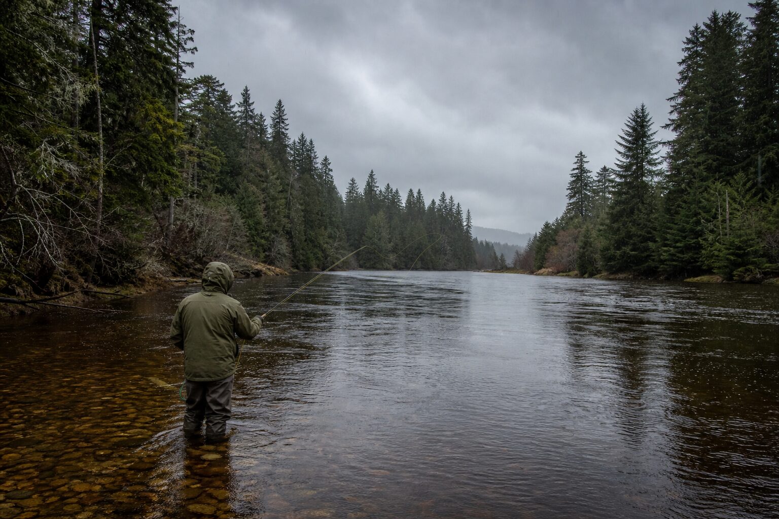 Fly angler casting on a misty Pacific Northwest coastal river