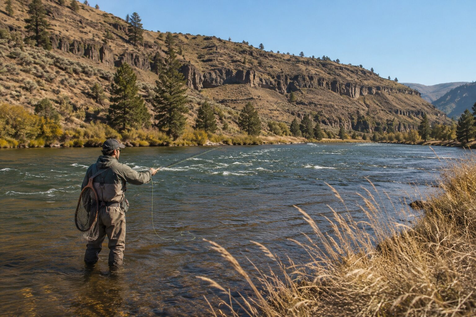 Fly angler fishing an open high-desert river canyon in the Inland Northwest