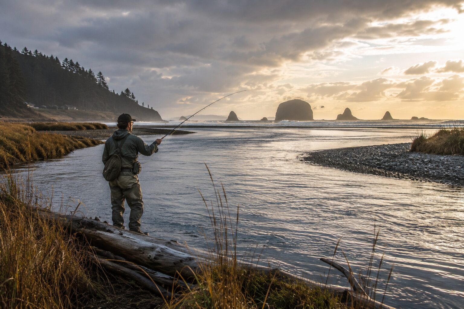 Fly angler fishing a river mouth where it meets the Oregon coast at sunset