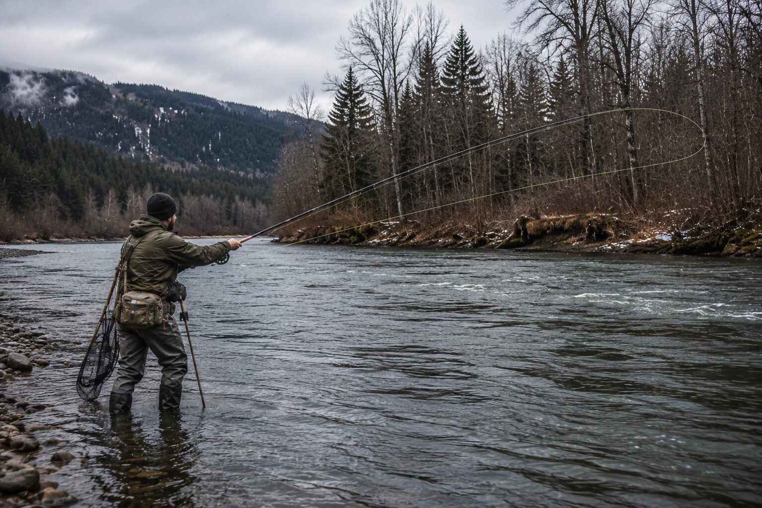 Fly angler mid-swing cast on a wide winter river with a two-handed rod