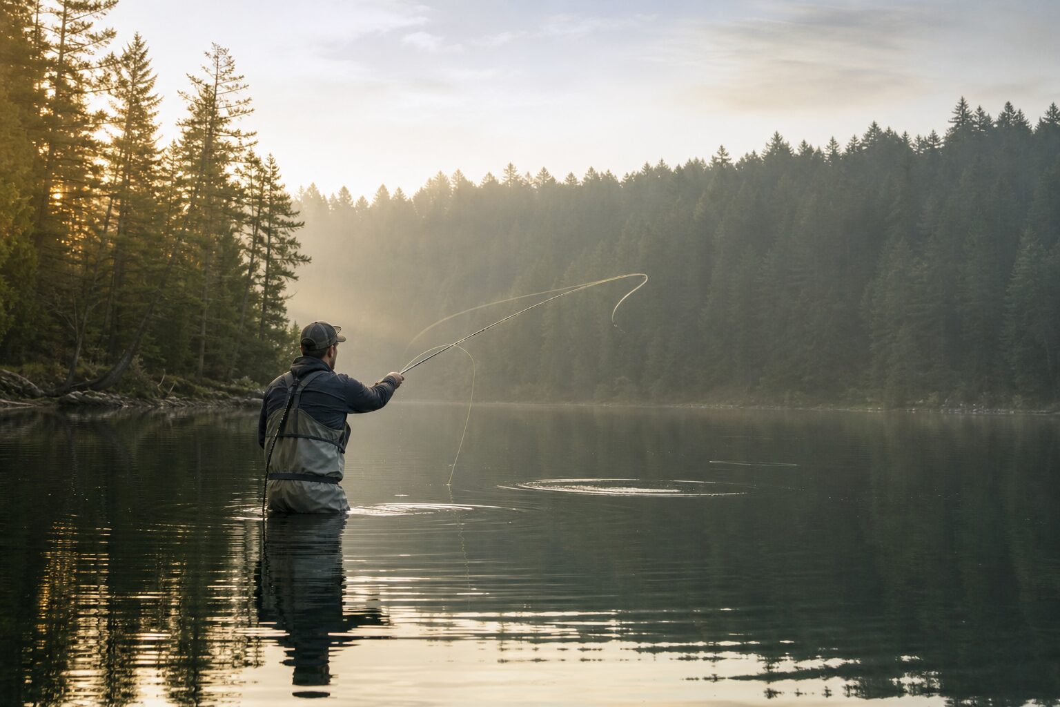 Fly angler casting on a calm Pacific Northwest lake at dawn