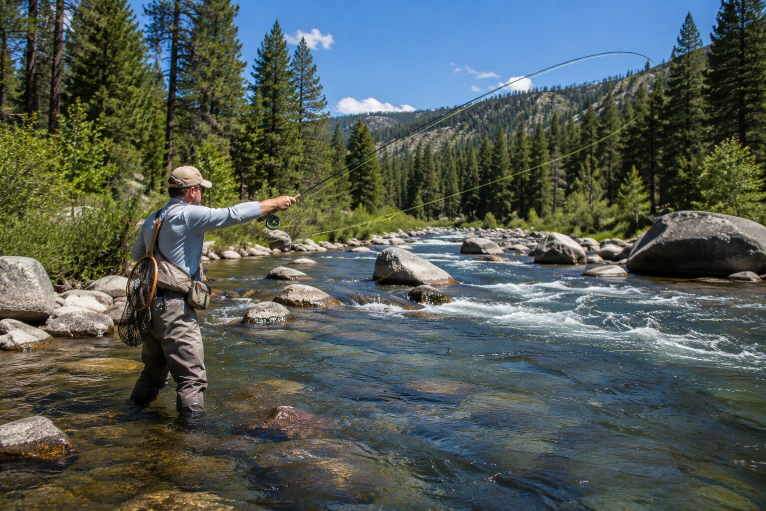 Fly angler mid-cast on a bright, riffled mountain trout stream